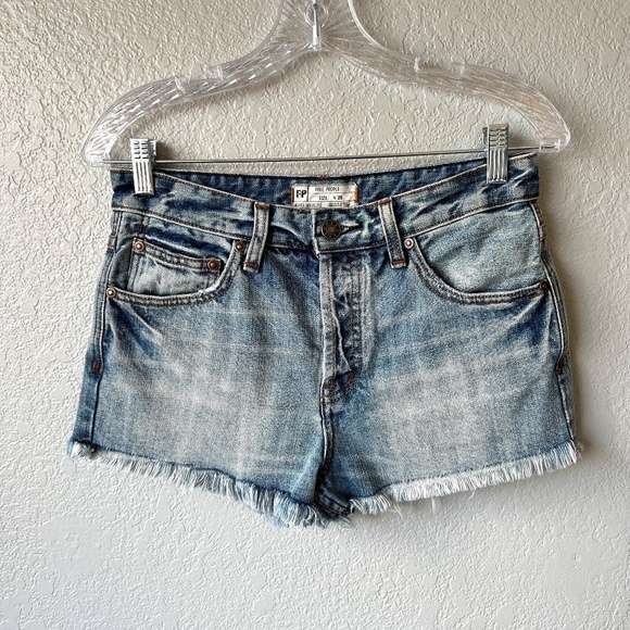 Free People distressed raw hem denim shorts with button fly - Picture 1 of 10